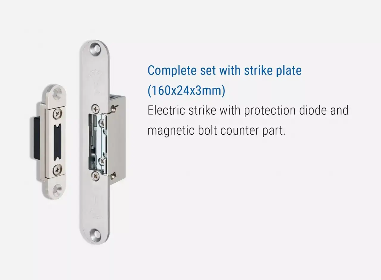 Zestaw elektrozaczepu z blaszką zwrotną i diodą zabezpieczającą.