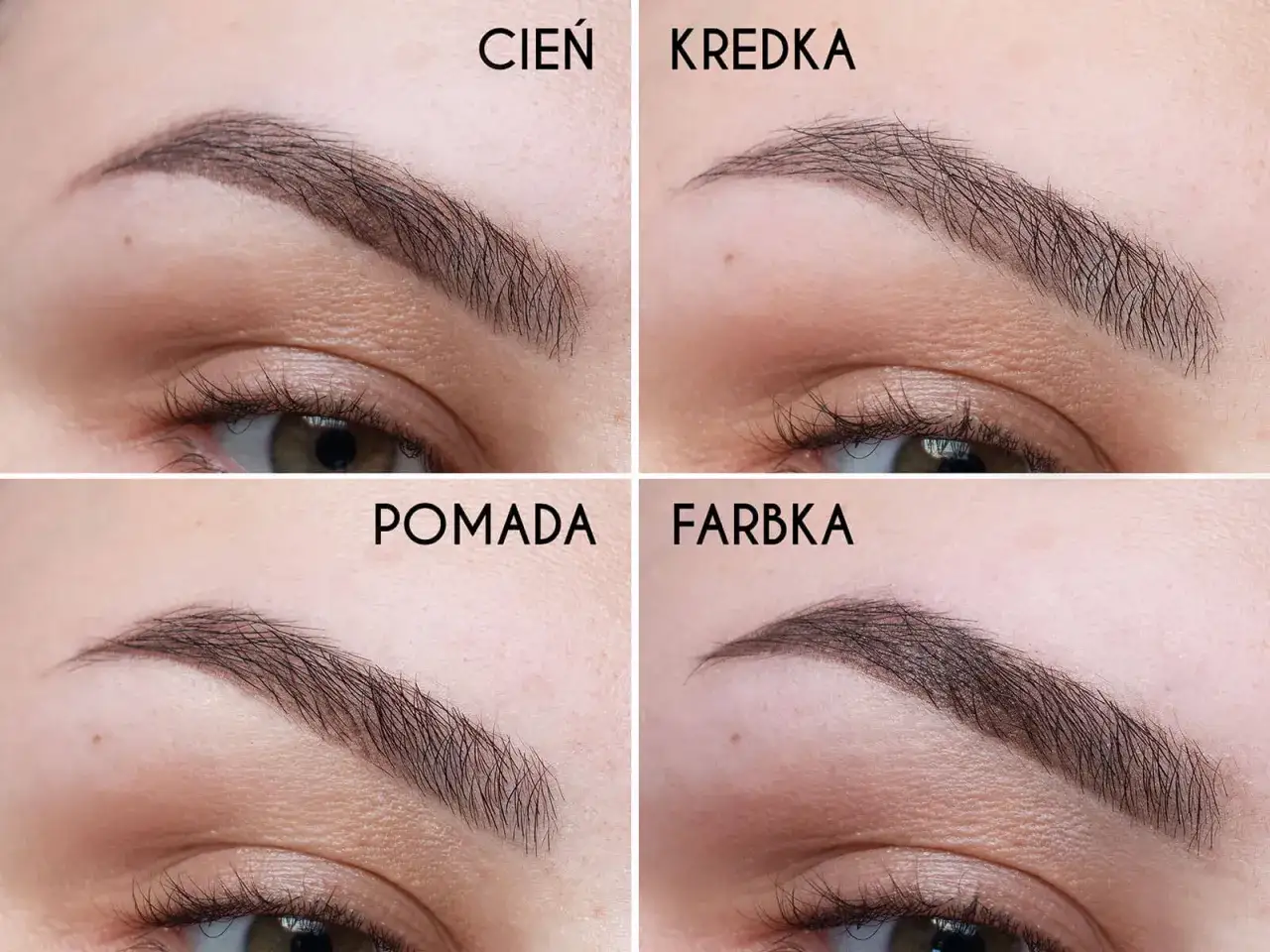 Porównanie efektów: jak malować rzadkie brwi cieniem, kredką, pomadą i farbką. Każda metoda daje inny rezultat.