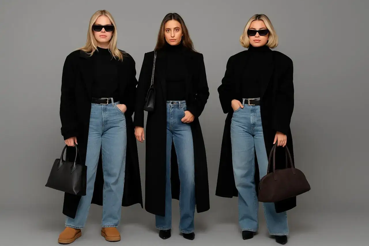 Trzy kobiety prezentują eleganckie stylizacje damskie: czarne płaszcze, golfy, jeansy i torebki.