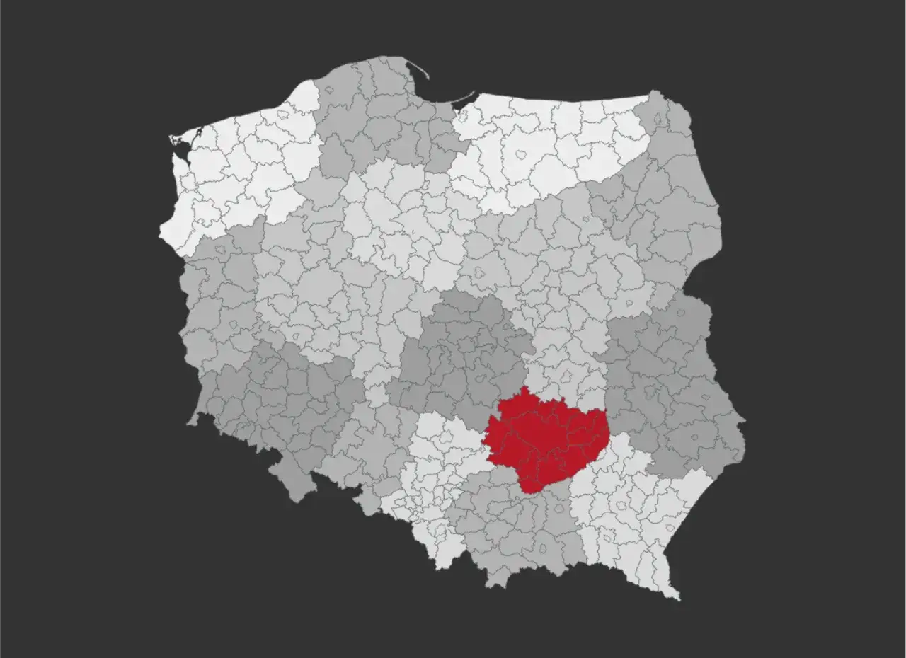 Mapa Polski z zaznaczonym na czerwono obszarem. Tu znajdują się Góry Świętokrzyskie.
