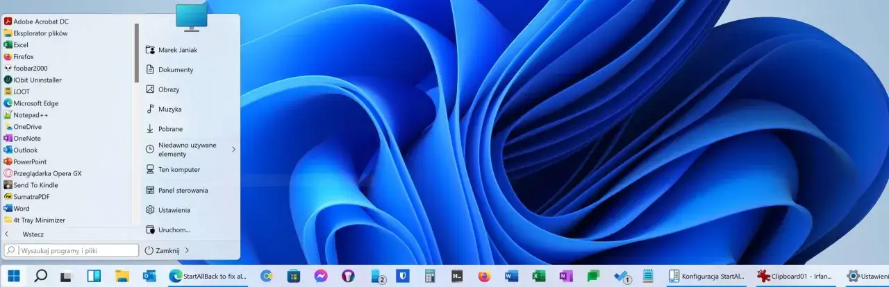 Menu Start w Windows 11, pokazujące opcje takie jak "Ustawienia" i "Panel sterowania", pomocne przy próbie zmiany położenia paska zadań Windows 11.