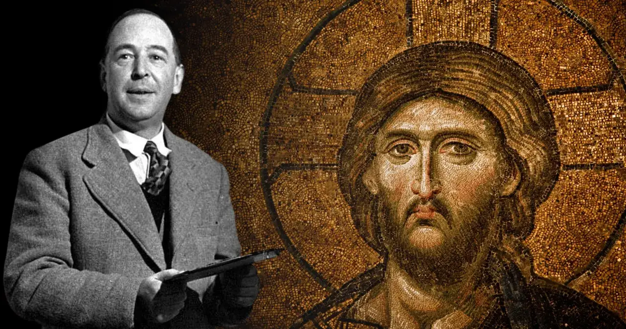 C.S. Lewis, autor "Opowieści z Narnii", obok mozaiki przedstawiającej Jezusa Chrystusa.