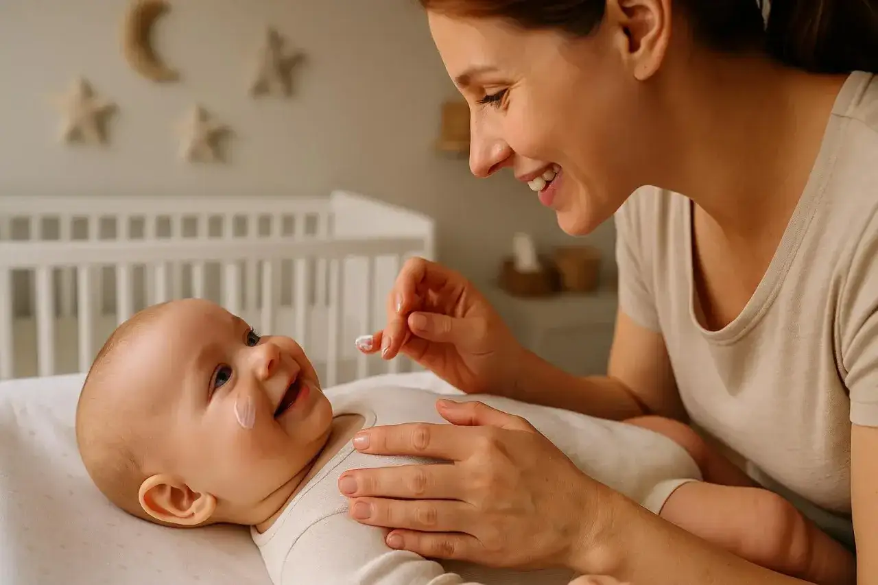 Uśmiechnięta mama delikatnie aplikuje krem na policzek niemowlaka, dbając o higienę jamy ustnej noworodka.