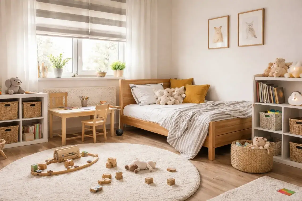 Nowoczesne pokoje dla dzieci: drewniane łóżko, biurko, zabawki i przytulne tekstylia tworzą idealne miejsce do zabawy i nauki.