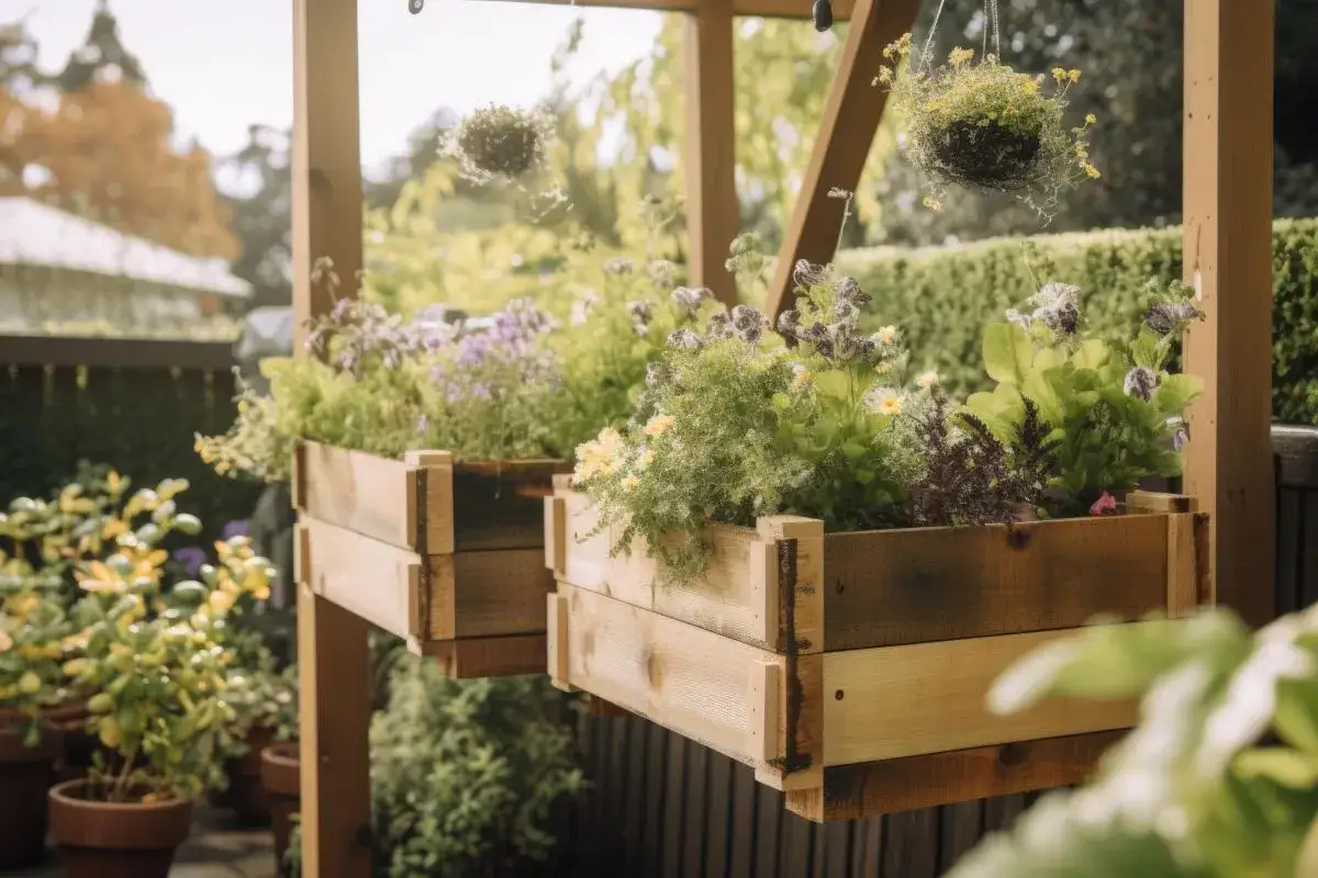 Drewniane skrzynki z kwiatami, idealne ozdoby do ogrodu z drewna zrób to sam.