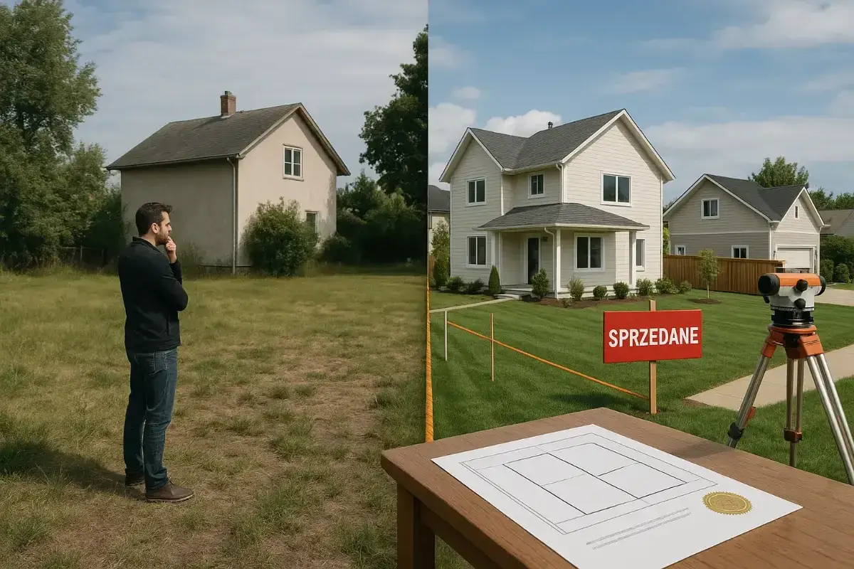 Mężczyzna rozważa podział działki. Po lewej stary dom, po prawej nowy, z tabliczką "SPRZEDANE". Procedura sądowy podział nieruchomości.