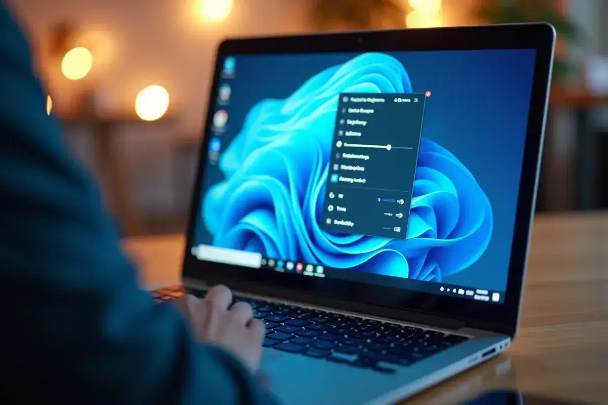 Laptop z jasnym ekranem i otwartym menu ustawień jasności.