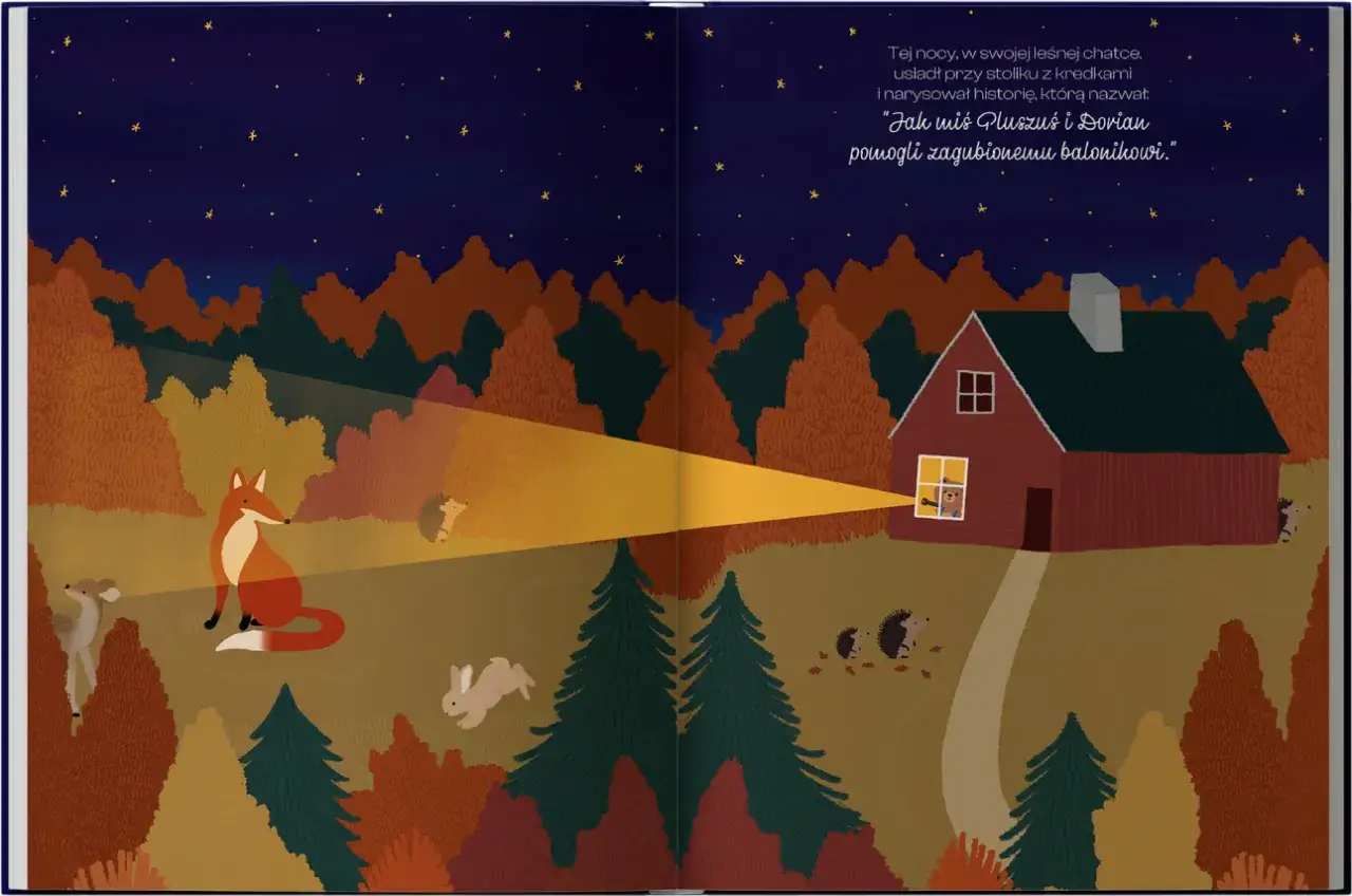 Ilustracja nocnego lasu z chatką, lisem, sarną, króliczkiem i jeżami.