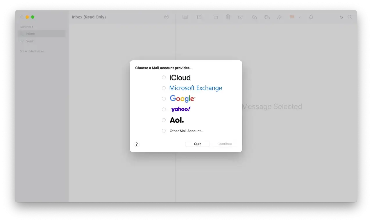 Okno wyboru dostawcy konta mailowego w aplikacji Mail. Dostępne opcje to iCloud, Microsoft Exchange, Google, Yahoo, AOL oraz inne konto mailowe.