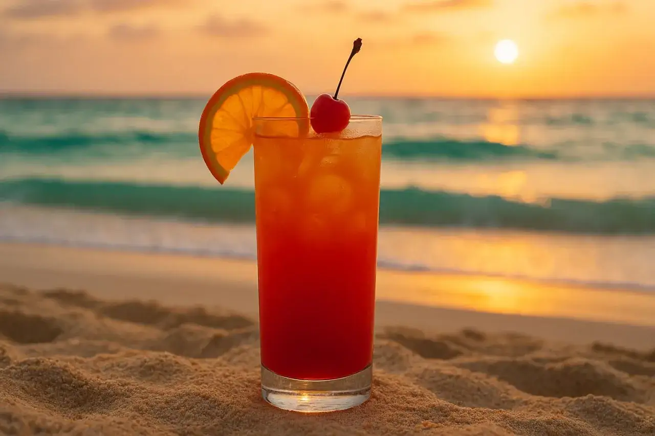 Koktajl "Sex on the Beach" na piasku, z widokiem na ocean i zachód słońca. Idealny na wakacje.