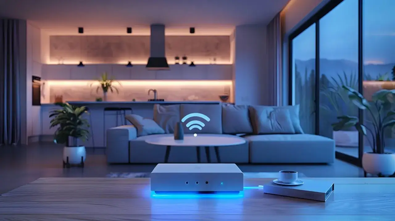 Nowoczesny router z niebieskim podświetleniem, symbolizujący jak wzmocnić sygnał wifi w eleganckim salonie z kuchnią.