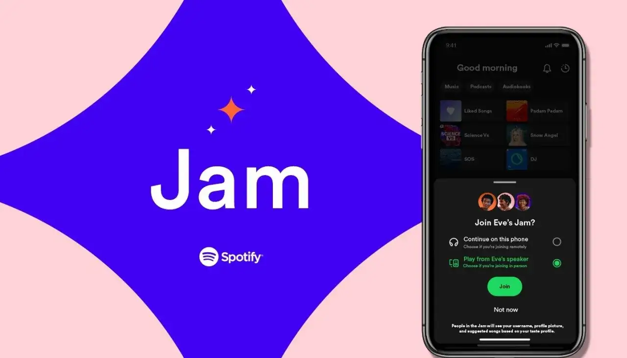 Telefon z aplikacją Spotify, na którym widać opcję dołączenia do "Jam" znajomego.