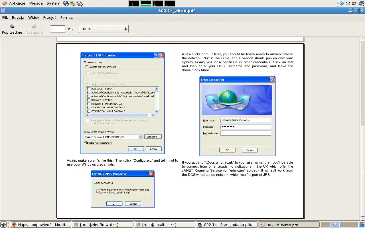 Konfiguracja Protected EAP, okno Enter Credentials z danymi logowania do sieci, gdzie używany jest radius server.