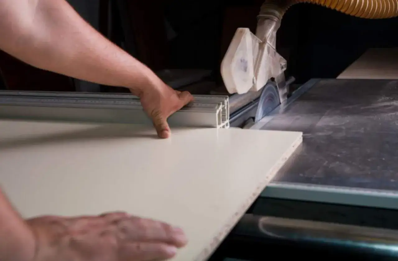 Precyzyjne cięcie płyty meblowej piłą stołową. Ręce prowadzą materiał, pokazując, jak wyciąć otwór w płycie meblowej.
