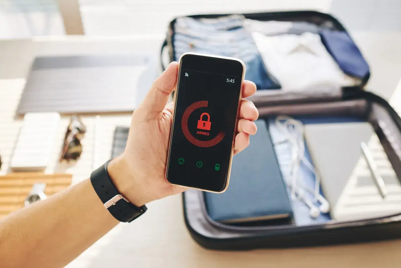 Dłoń trzyma iPhone'a z ikoną kłódki i napisem "ARMED", pokazując jak zabezpieczyć iPhone przed hakerami. W tle walizka z ubraniami.