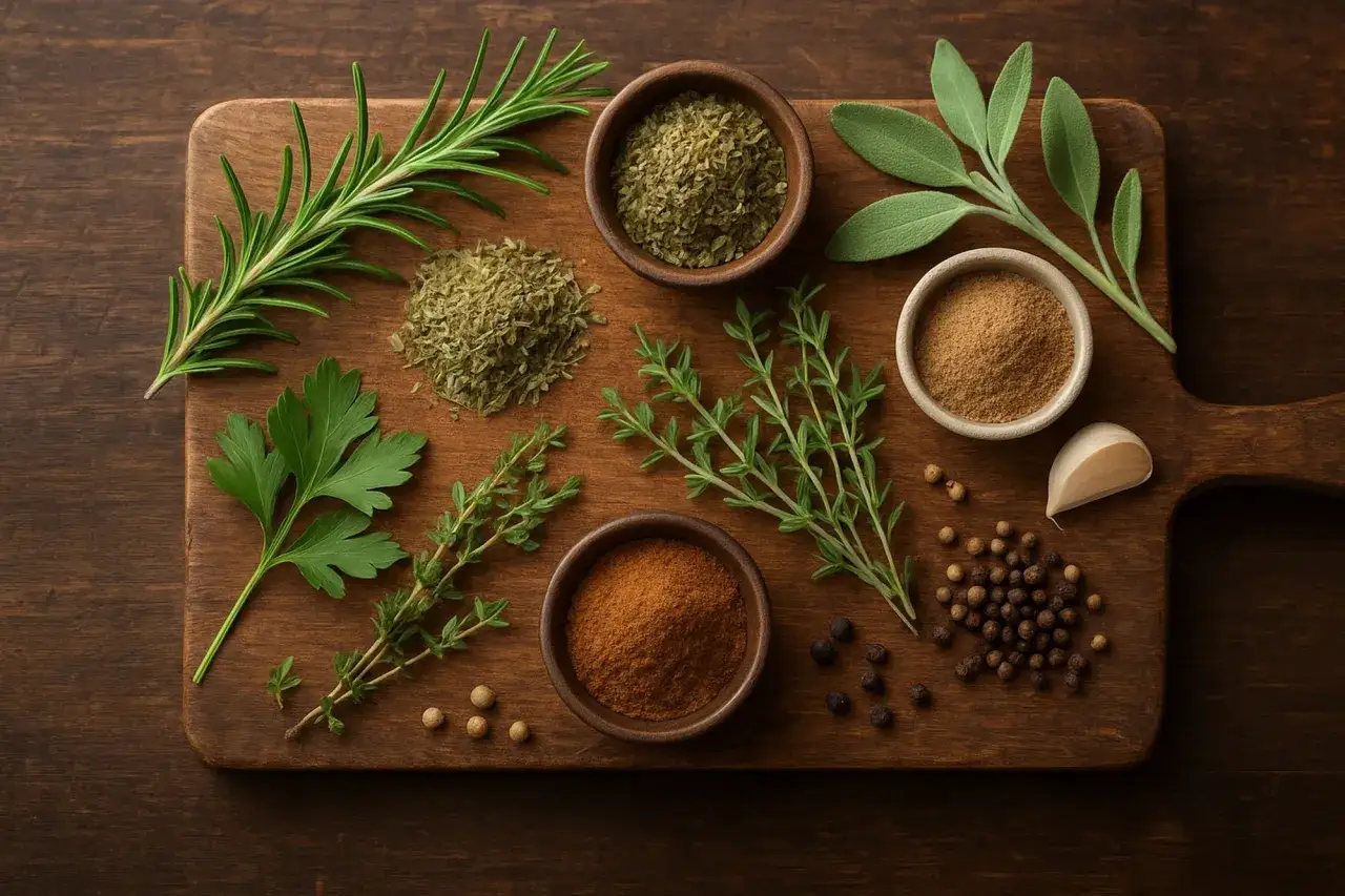 Zioła i przyprawy na drewnianej desce: rozmaryn, tymianek, szałwia, natka, papryka, pieprz, czosnek.