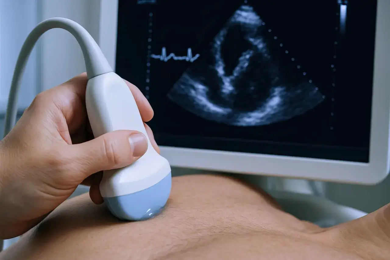 Dłoń trzyma sondę USG, która bada echo serca co wykrywa jego pracę. Na ekranie widać obraz serca i zapis EKG.