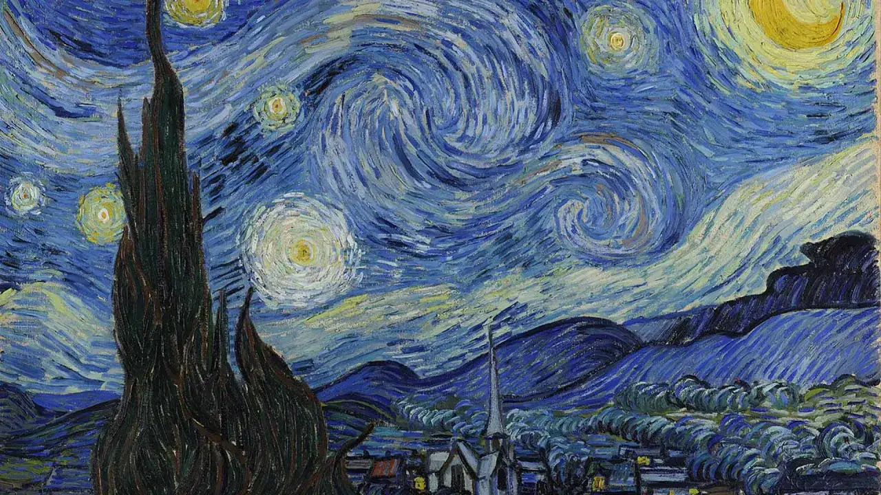 Gwieździsta noc, najdroższy obraz Van Gogha, z wirującym niebem, cyprysem i miasteczkiem.