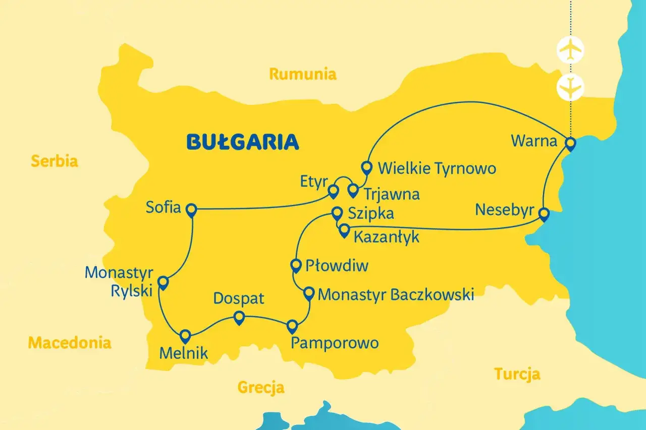 Mapa turystyczna Bułgarii z zaznaczonymi trasami i miejscami do zwiedzania: Sofia, Monastyr Rylski, Melnik, Płowdiw, Warna, Nesebyr.