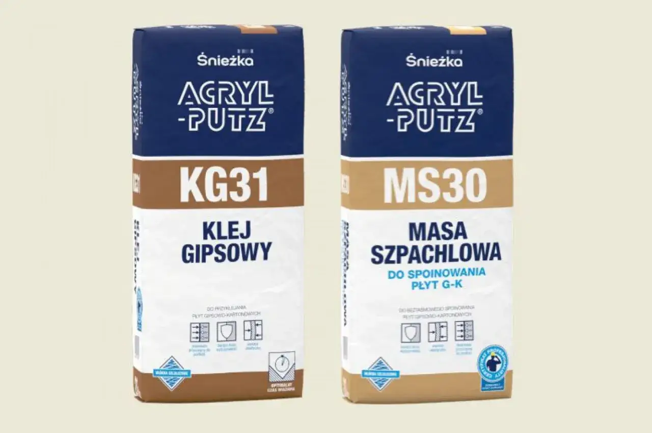 Klej gipsowy do czego? Dwa worki produktów Śnieżka: KG31 klej gipsowy do płyt kartonowo-gipsowych i MS30 masa szpachlowa do ich spoinowania.