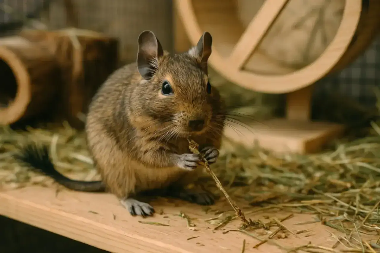 Koszatniczka gryzie gałązkę. Dowiedz się, ile żyją koszatniczki i jak o nie dbać.