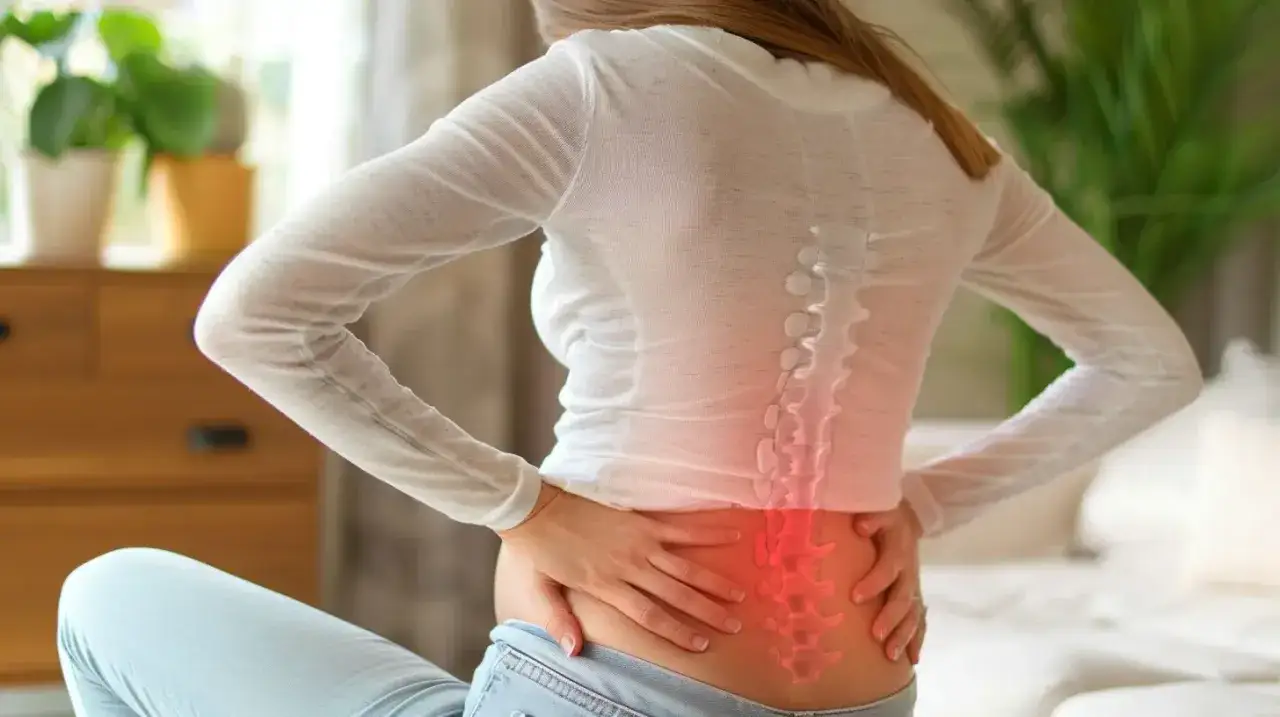 Kobieta w ciąży odczuwa silny ból pleców przed porodem, trzymając się za bolące okolice lędźwiowe.