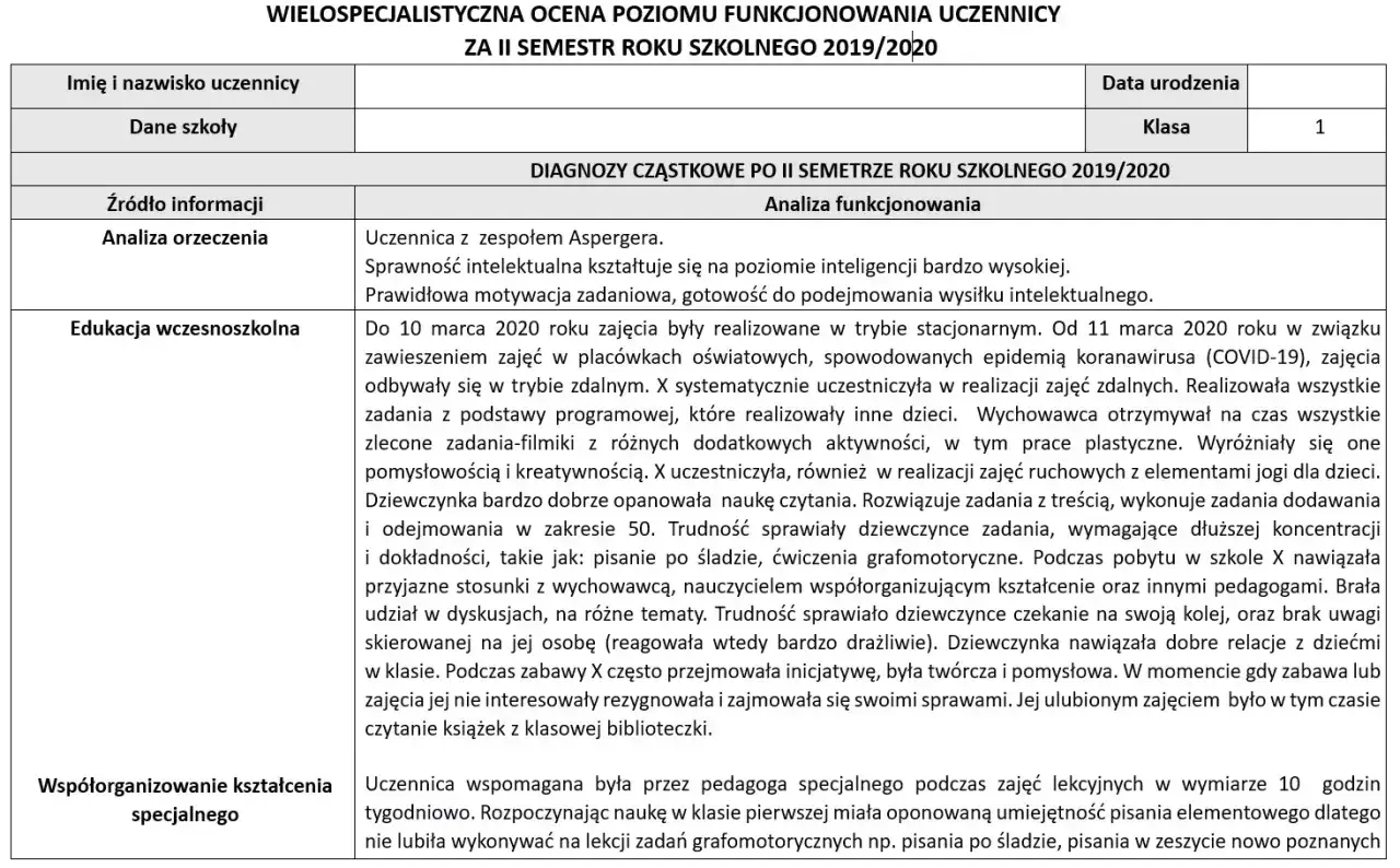 Wielospecjalistyczna ocena poziomu funkcjonowania uczennicy z zespołem Aspergera. Opisuje edukację wczesnoszkolną i wspieranie kształcenia specjalnego.