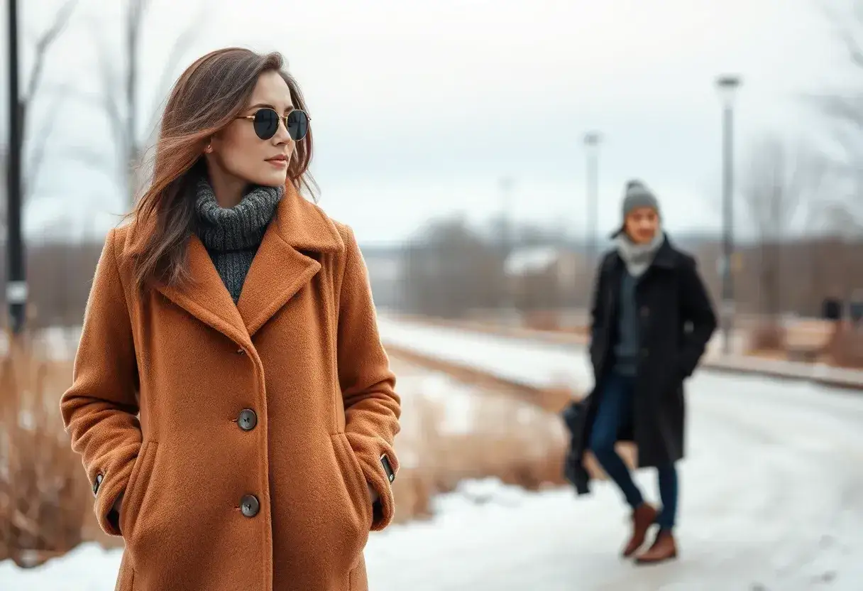 Elegancki outfit na zimę: brązowy płaszcz, szary golf i okulary przeciwsłoneczne. W tle druga osoba w czarnym płaszczu.