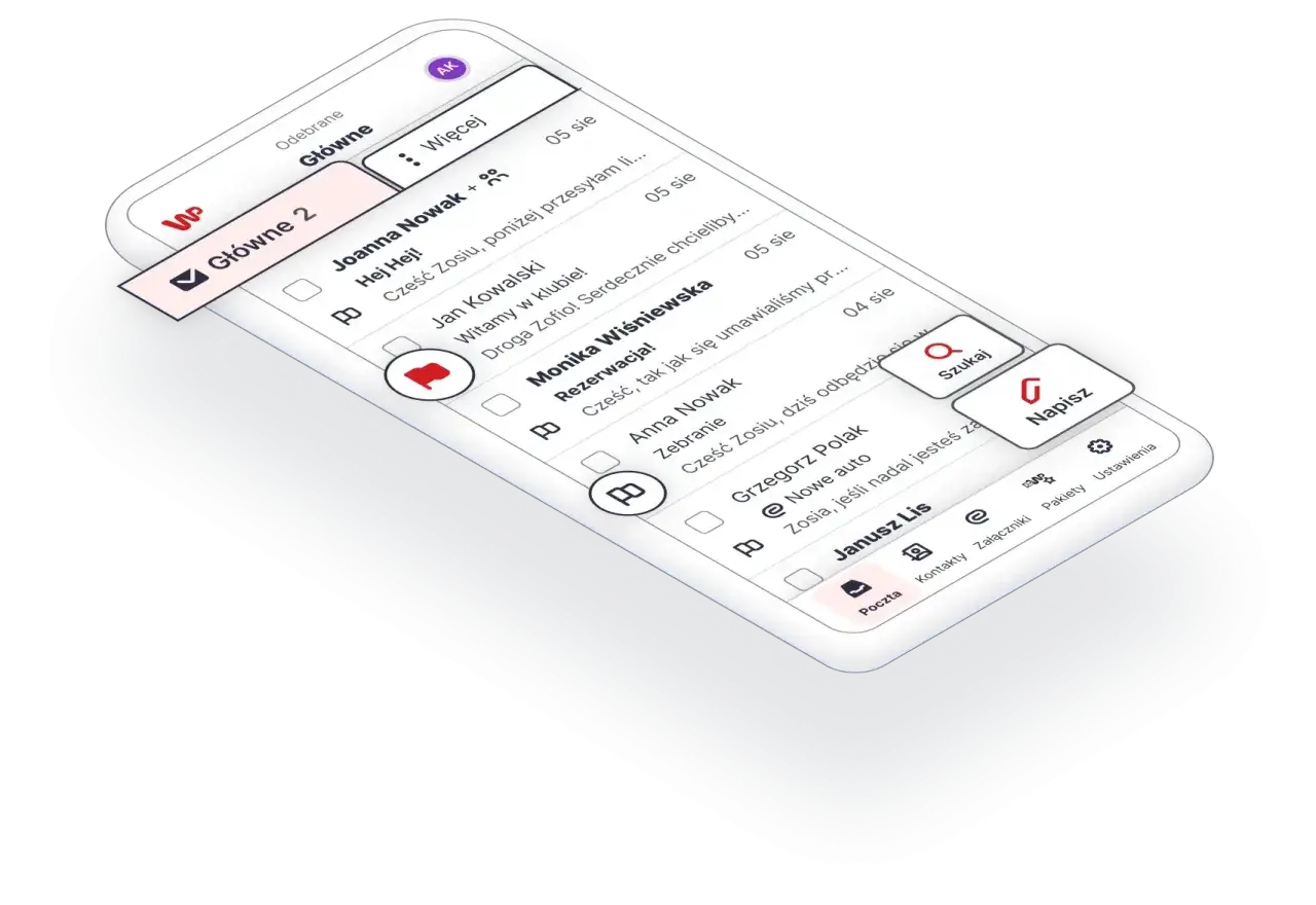 Na ekranie telefonu widać skrzynkę odbiorczą wp pl poczta mini. Lista wiadomości od Joanny Nowak, Jana Kowalskiego i Moniki Wiśniewskiej.
