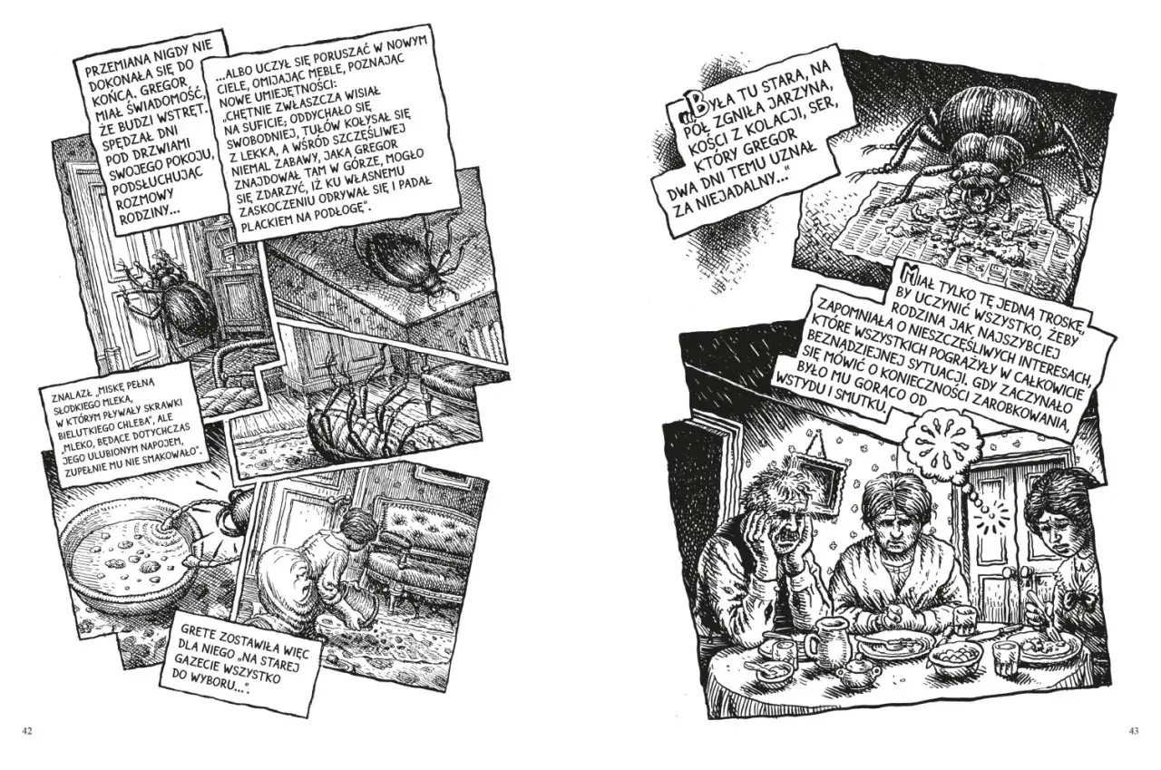 Przemiana Kafki: interpretacja. Gregor jako owad, jego rodzina przy stole, ich cierpienie i wstyd.