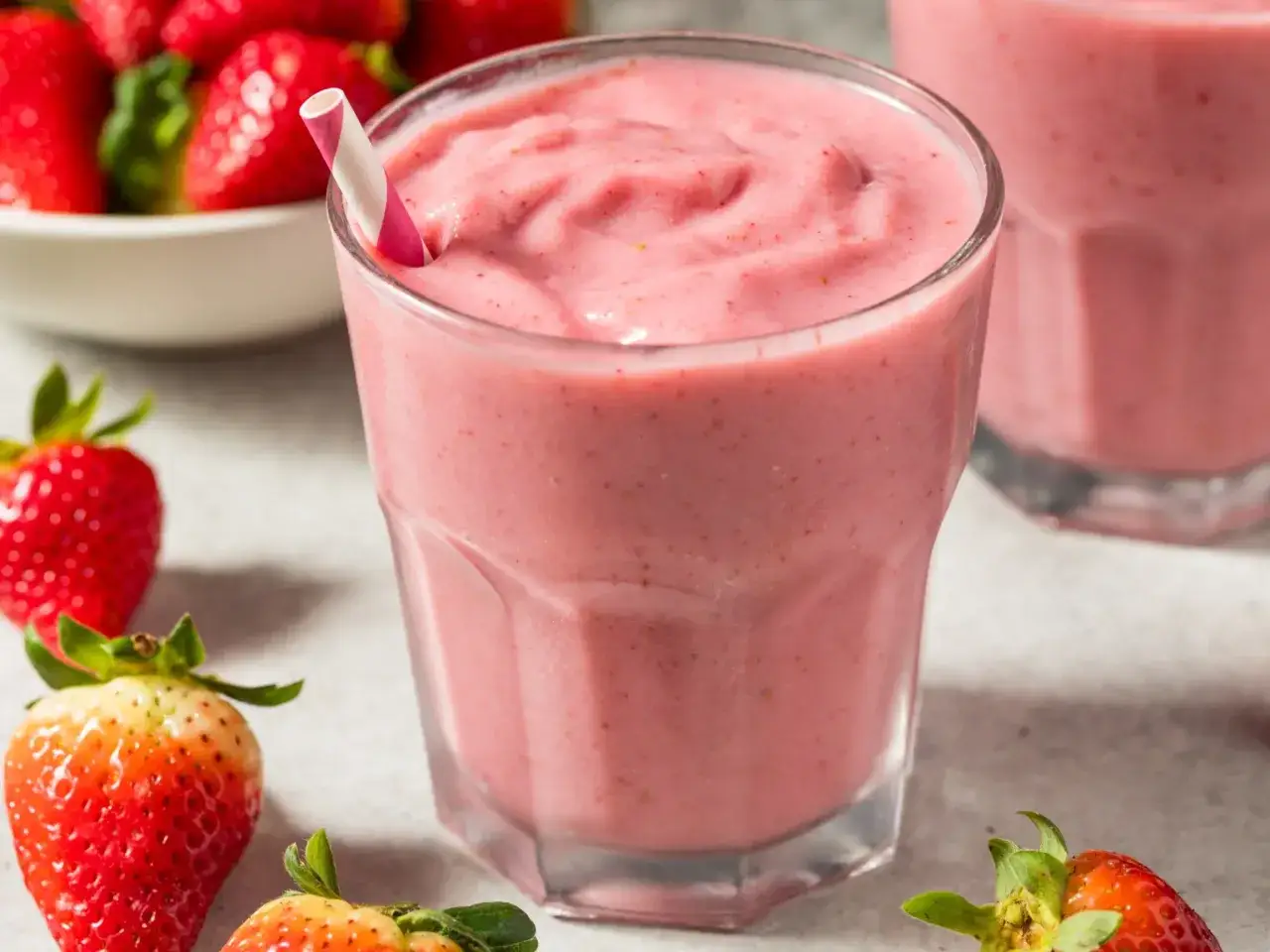 Pyszny, różowy koktajl truskawkowy z papierową słomką. Idealny przepis na zdrowe słodycze, który zachwyci każdego.