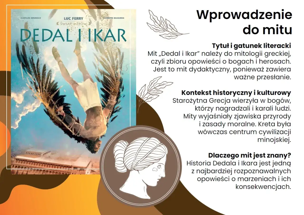 Ilustracja przedstawia Ikara spadającego z nieba, z jego skrzydłami z piór.