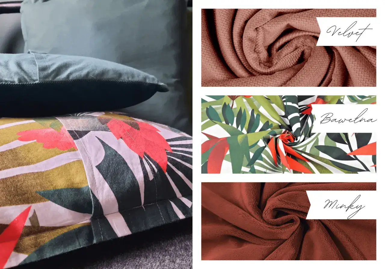 Inspiracja do tego, jak uszyć poduszkę dekoracyjną: aksamit, bawełna z liśćmi i minky.
