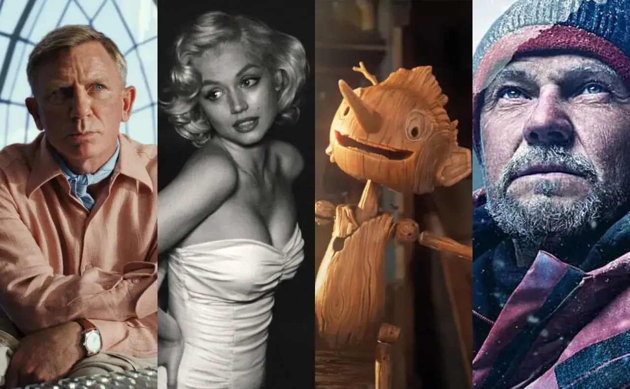 Kolaż zdjęć: Daniel Craig, Marilyn Monroe, Pinokio i mężczyzna w czapce zimowej.