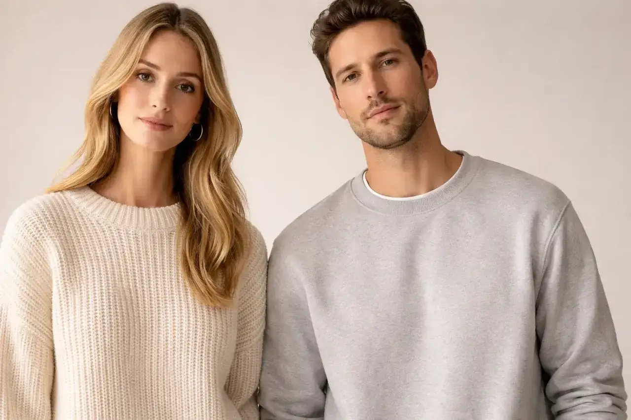 Kobieta w kremowym swetrze i mężczyzna w szarym swetrze stoją obok siebie.