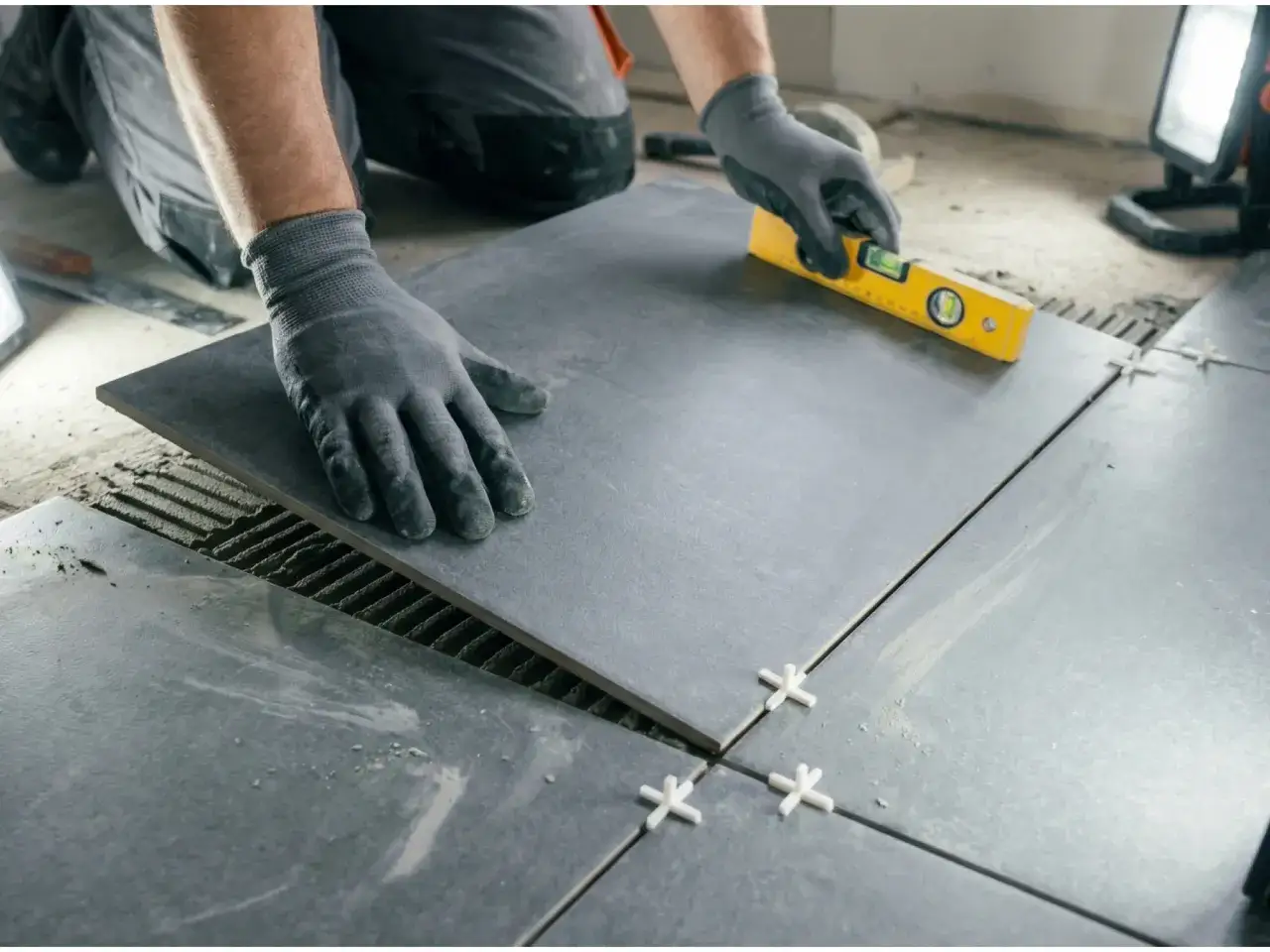 Ręce w rękawiczkach układają płytkę, sprawdzając poziom. To kluczowy moment, jak zacząć układanie płytek na podłodze, by efekt był idealny.