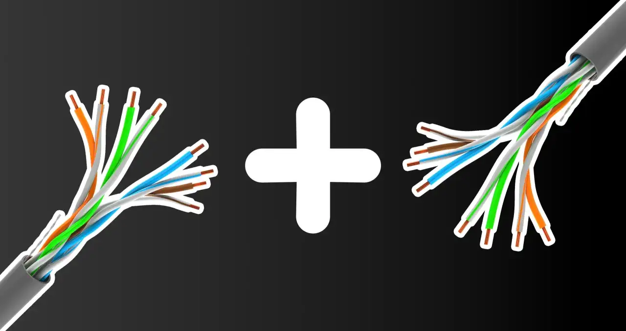Dwa rozplecione kable sieciowe, zgodne ze standardem rj45, połączone białym znakiem plus.