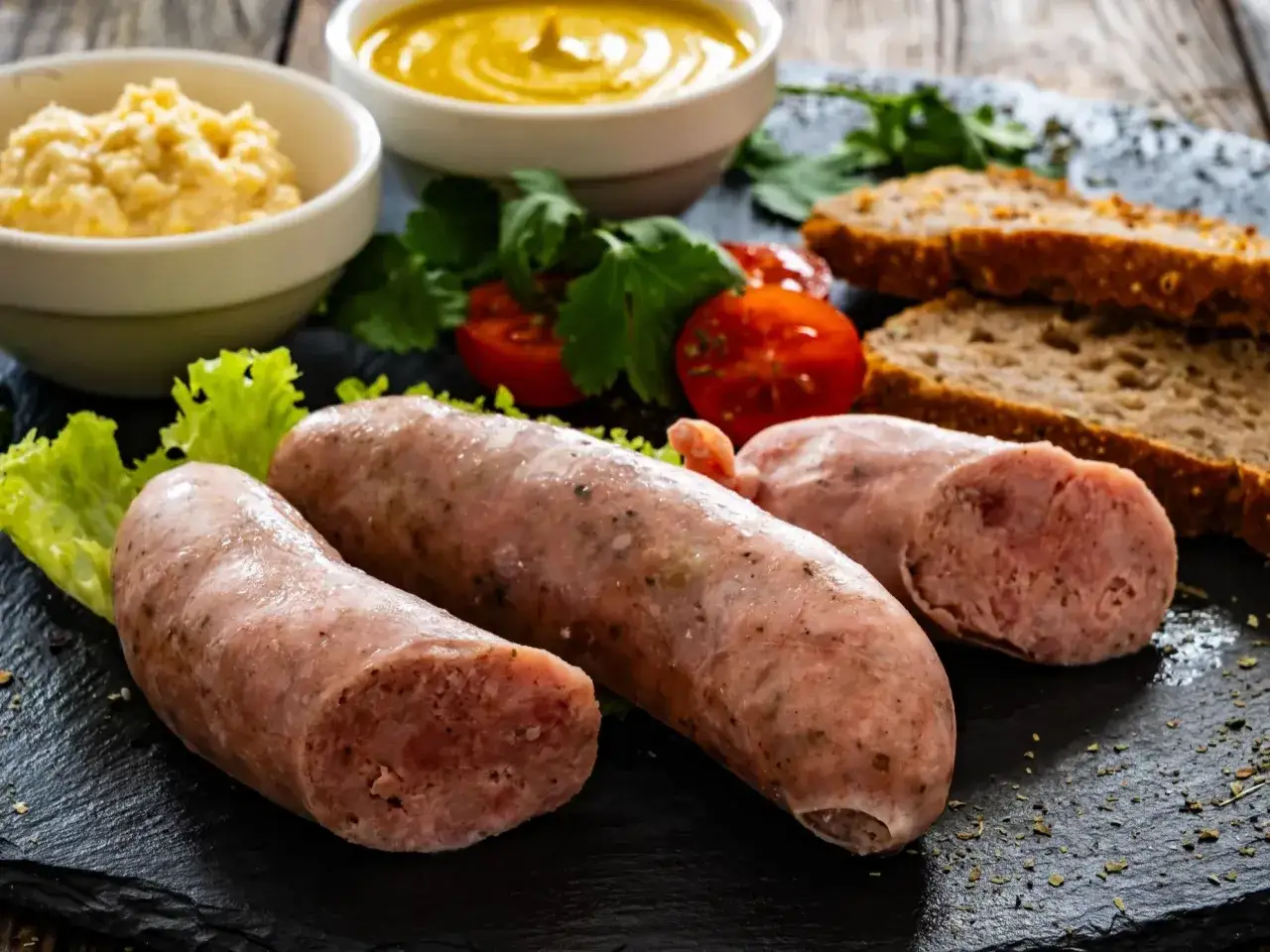 Surowa biała kiełbasa z dodatkami: chlebem, musztardą, chrzanem i pomidorami.