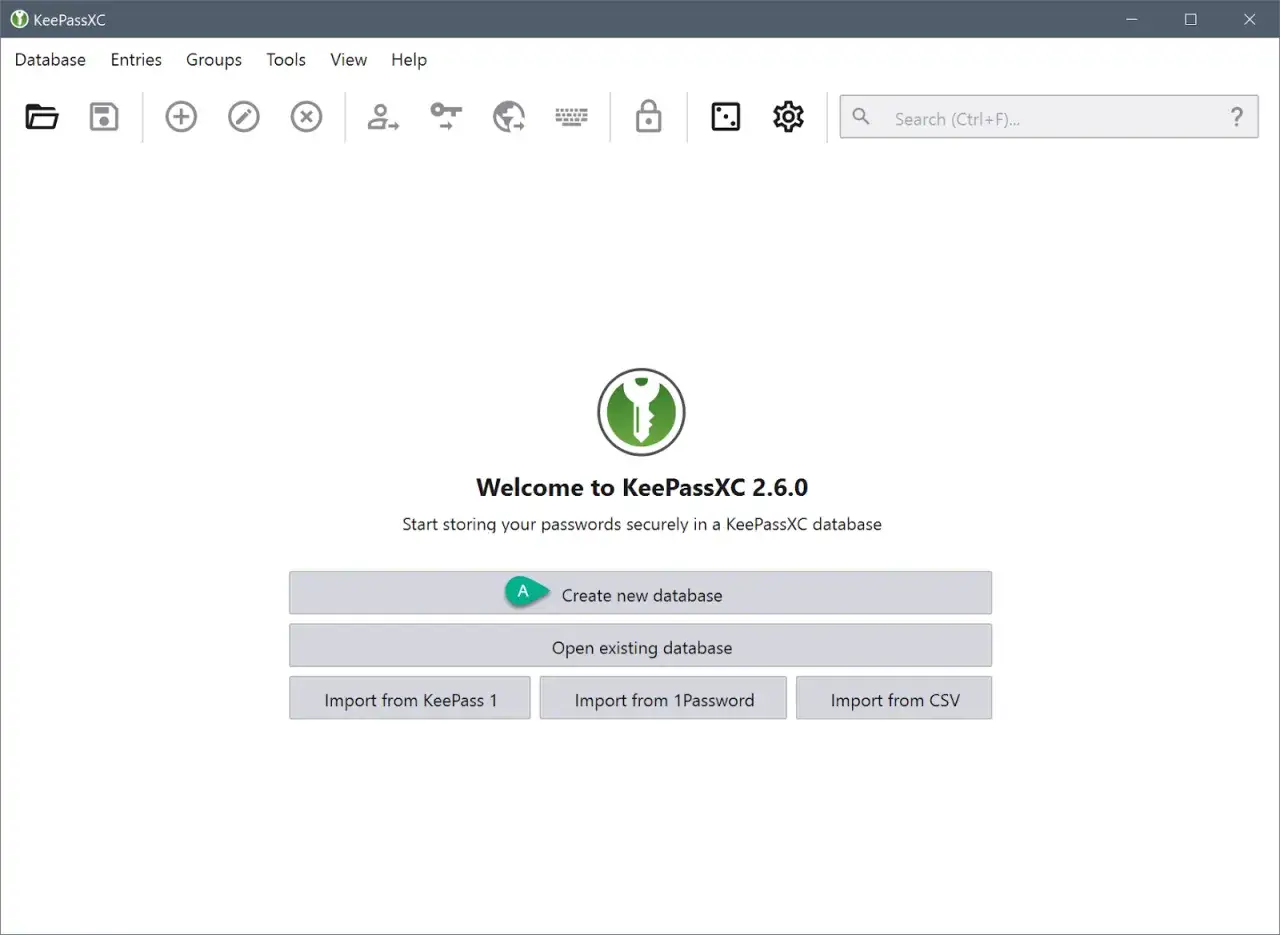 Ekran startowy KeePassXC 2.6.0, gdzie można stworzyć nową bazę danych lub otworzyć istniejącą. Bezpieczne przechowywanie haseł, jak na Niebezpiecznik.
