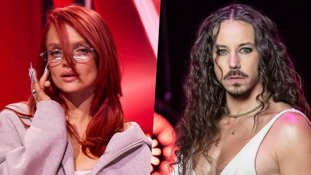 Dwa ujęcia: kobieta z rudymi włosami i w okularach, mężczyzna z długimi włosami. Czy to oni będą jurorami The Voice of Poland 2025?