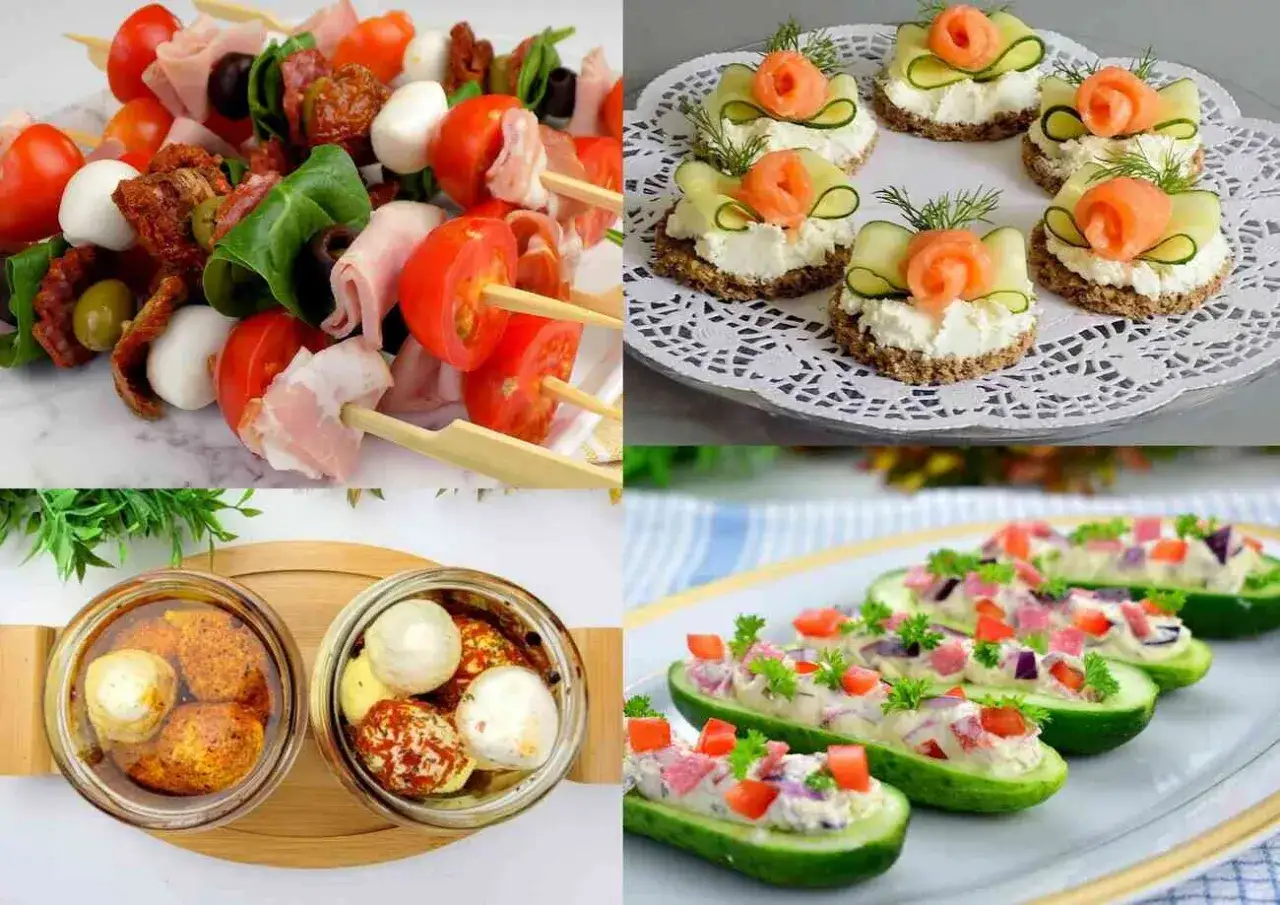 Cztery rodzaje przekąsek: szaszłyki, kanapki z łososiem, marynowane sery i łódeczki z ogórka.
