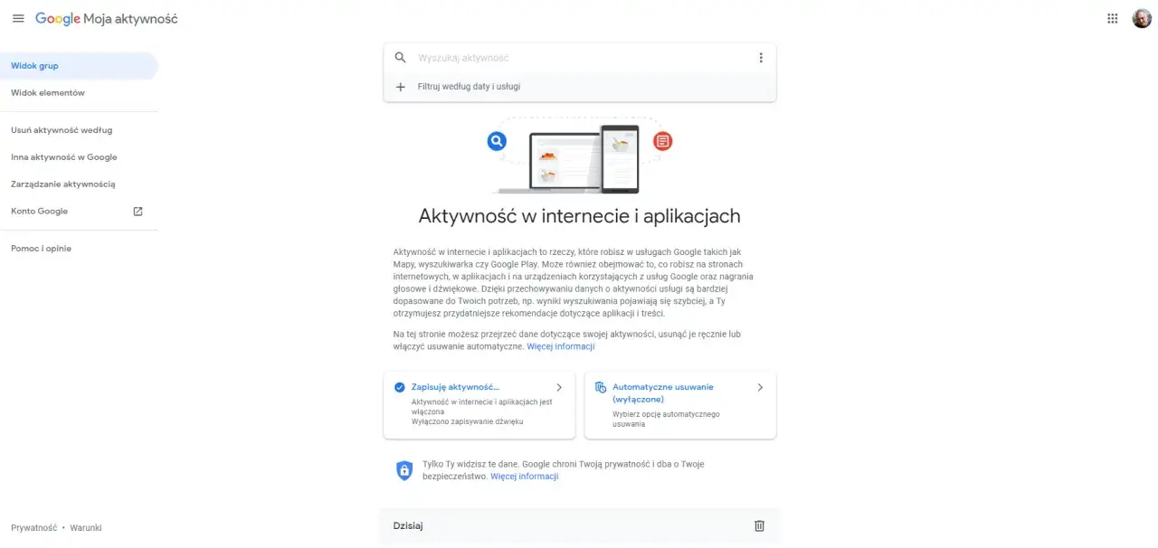Strona Google Moja aktywność pozwala sprawdzić, jakie aplikacje były uruchamiane. Możesz przeglądać i zarządzać swoją historią.