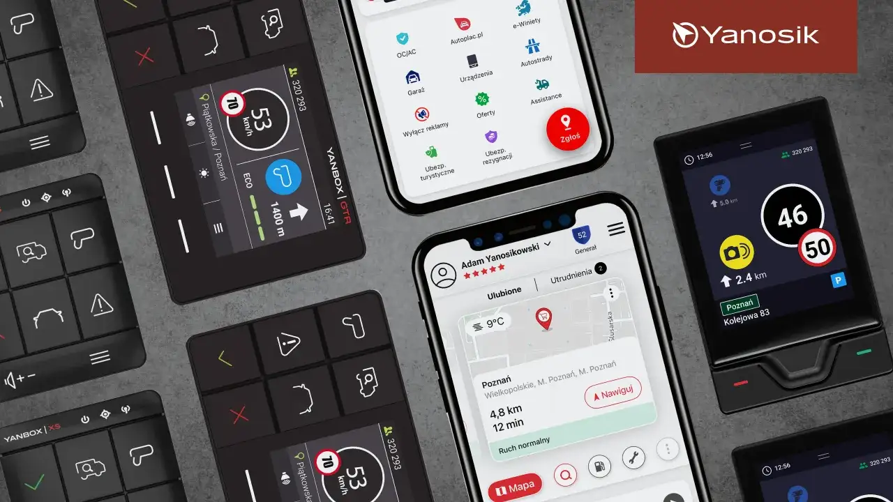 Jak pobrać aplikację Yanosik na telefon? Zobacz interfejs aplikacji na smartfonie i urządzeniu Yanosik.