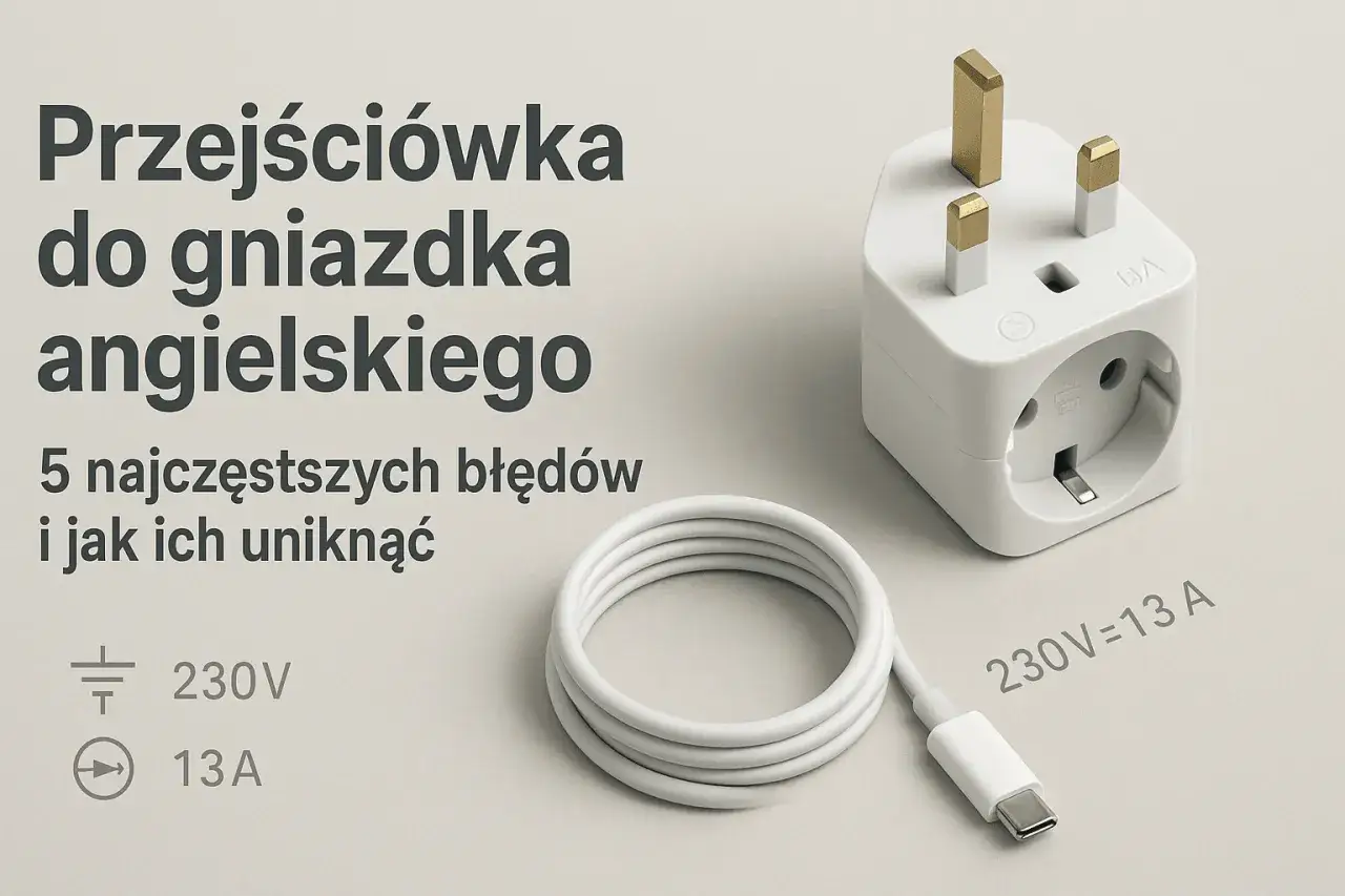 Adapter do gniazdka angielskiego, biały, z kablem USB-C. Informacje o napięciu i prądzie. Wymiana gniazdka bez błędów.