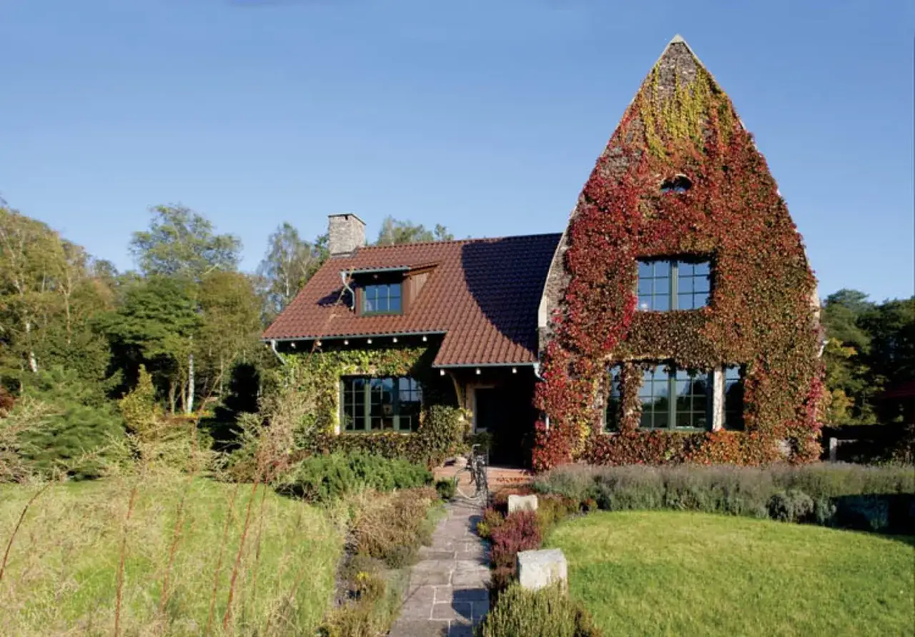 Urokliwy dom z kamienia i drewna, niemal całkowicie porośnięty jesiennymi liśćmi.