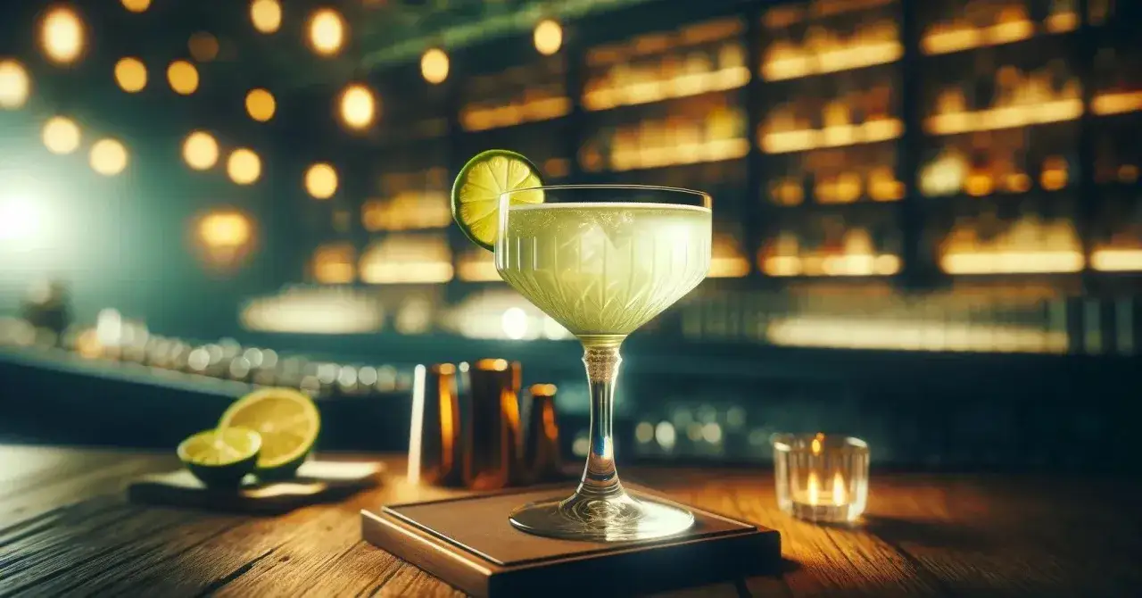 Orzeźwiający gimlet drink z plasterkiem limonki, podany w eleganckim kieliszku na tle rozmytego baru.