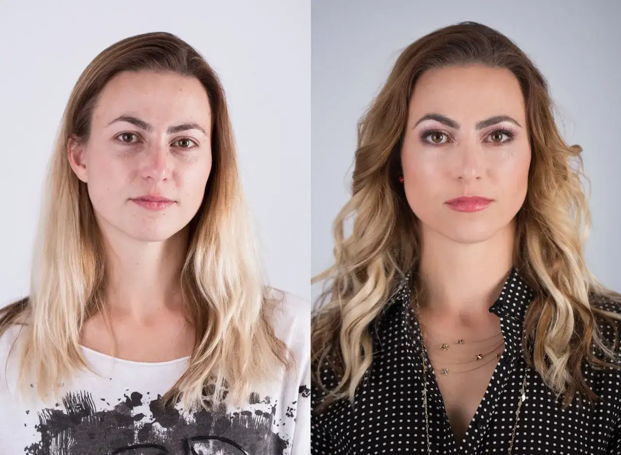 Przed i po: metamorfoza z naturalnego wyglądu do efektownego makijażu do sesji zdjęciowej.