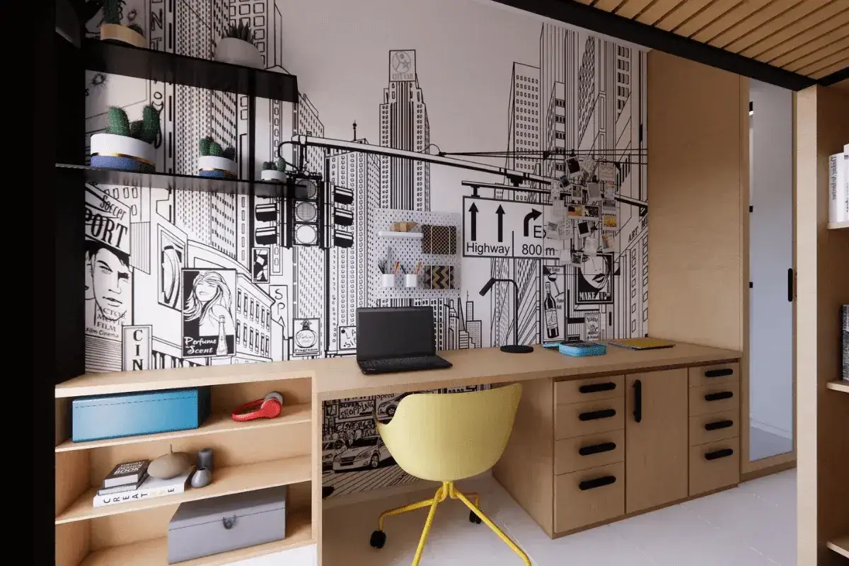 Nowoczesny pokój 20 latka z muralem miasta, biurkiem, żółtym krzesłem i regałami.