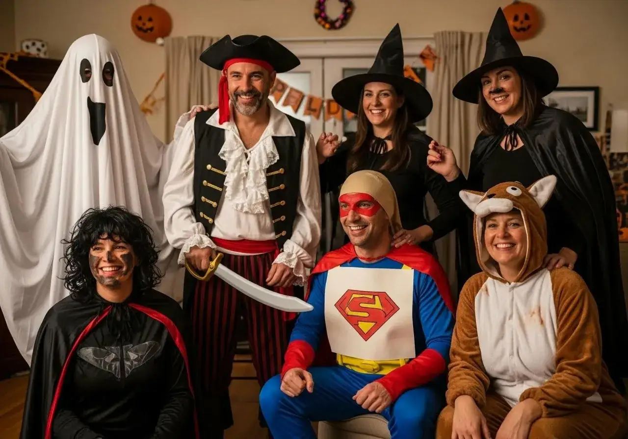 Grupa osób w kreatywnych strojach na Halloween: duch, pirat, superbohater, czarownice i zwierzątko.