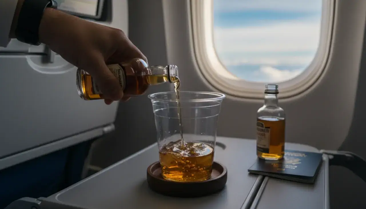 Na pokładzie samolotu można pić alkohol. Widać tu nalewanie whisky z małej buteleczki do szklanki, obok paszport i widok z okna.